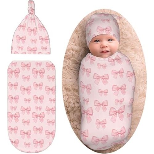 Pink Bow Baby Stuff Newborn Baby Swaddle Blanket with Beanie Set Soft Gifts for Unisex Girls Boys Infant Shower