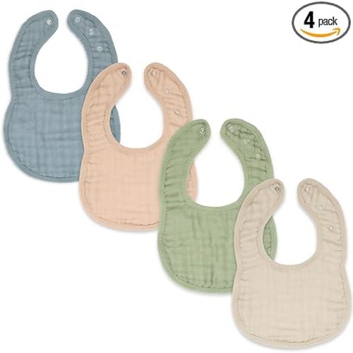 Comfy Cubs Muslin Bibs for Babies, Pack of 4 - Soft and Highly Absorbent, Feeding, Drool and Teething Bib, Adjustable Snaps - Stylish & Colorful Unisex Designs, Giftable Set - Multicolor
