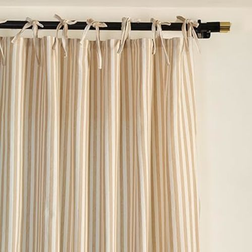 THE ART BOX Gauze Striped Curtains,Boho Linen Tie Top Hanging Curtains Light Filtering Door Window Treatment 2 Panel Curtain Drapes for Living Room Bedroom Beige on White (L84''xW42'' Each Panel)