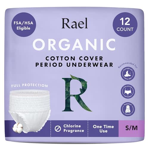 Rael Disposable Underwear for Women, Organic Cotton Cover - Incontinence Pads, Postpartum Essentials, Disposable Underwear, Unscented, Maximum Coverage (Size S-M, 12 Count)