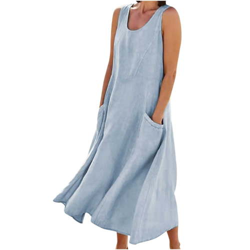 YOTAMI Summer Dresses for Women Plus Size Loose Fit Cotton Linen Dresses with Pockets for Beach Vacation Sleeveless Flowy Casual Maxi Dresses Sky Blue