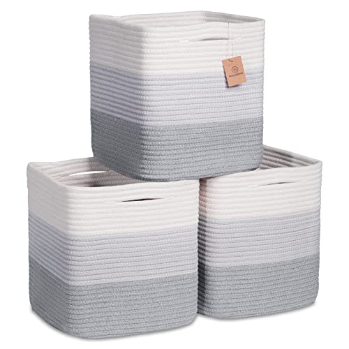 NaturalCozy Storage Cubes 11 Inch Cotton Rope Woven Baskets for Organizing, 3-Pack | Cube Storage Bin | Square Storage Baskets for Shelves Organizer, Classroom, Kids Toy Bins, Closet, Baby Nursery