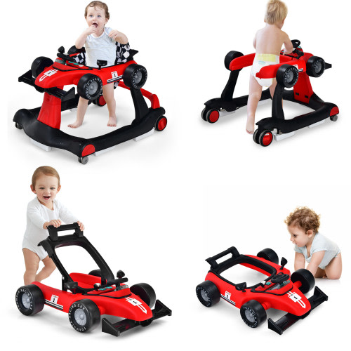 Baby Joy 4-in-1 Folding Baby Walker and Push Car with Adjustable Height & Speed and Music Box - Red