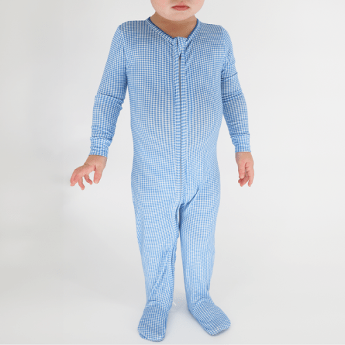 Baby Sky Blue Gingham Pima Footie | Over The Moon