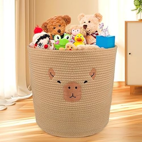 Capybara Baby Baskets, Round Cotton Rope Storage 17"×15", Knitted Toy Storage, Animal Baby Laundry Nursery Basket Storage Box, Holds Gift Plants Cat & Dog Toys Cow Basket