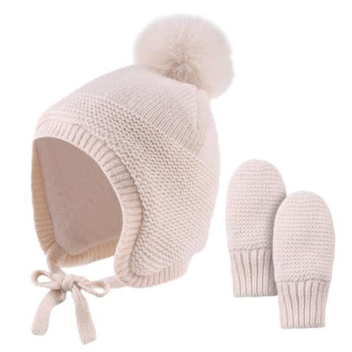 Basic Winter Baby Beanie Gloves Boys Girls Knitted Hat Pompom Kids Earflap Hats Warm Infant Toddler Beanie Mittens Set