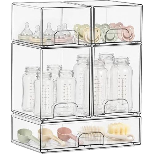 QRRICA Baby Bottle Organizer for Countertop, 5-Piece Stackable Clear Acrylic Storage with Non-Slip Pads & Handles – Large Capacity for Kitchen, Pantry, Bathroom, Vanity, Cabinet