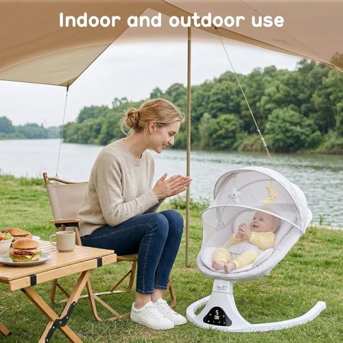 Electric Baby Swing with Remote Control - 5 Natural Motion Speeds, Detachable Seat Pad | Portable Infant Swing for Indoor/Outdoor Use (0-12M, 20lbs) (Grey)
