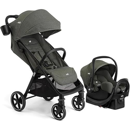 Joie Nutmeg and Rue Travel System – Travel Friendly Compact Stroller with Automatic Fold, Lightweight Car Seat & Anti-Rebound Base (Evergreen)