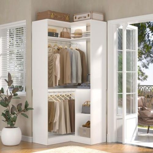 Besiost Corner Closet Organizer System with Shelves, Freestanding Space-saving Wardrobe - White