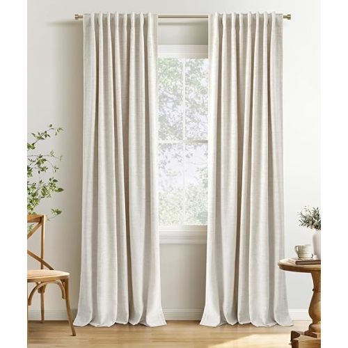 INOVADAY 100% Blackout Linen Curtains for Bedroom 50x84 Inches Cream