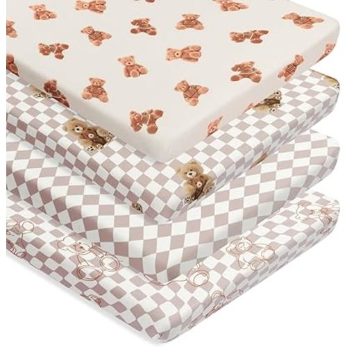 Fitted Baby Sheets Bear and Buffalo Check Plaid Neutral Breathable Baby Sheet Set for Unisex Boys or Girls (N Play Sheets)