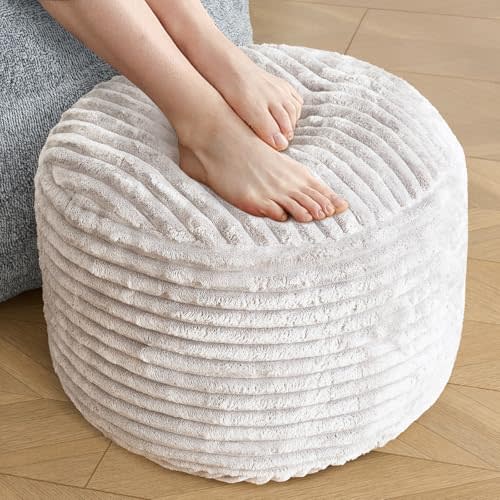 SHOUREN Stuffed Round Pouf Ottoman,Corduroy Foot Rest with Shredded Foam Filling, Lightweight and Fluffy Pouf Storage Ottoman for Living Room,Floor Poufs for Couch,20"x 17",Beige