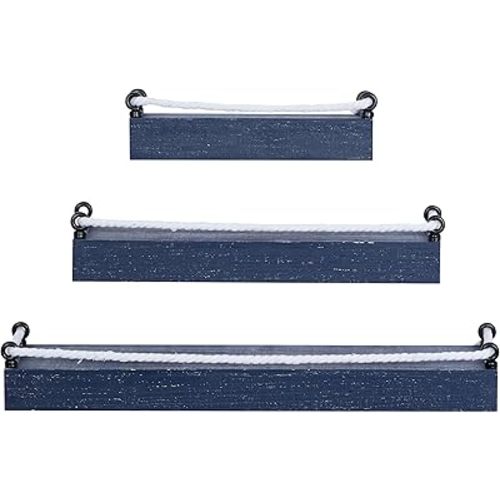 Deco 79 Wood 3 Shelves Wall Shelf with Knotted Rope, Set of 3 32", 25", 17"W, Blue