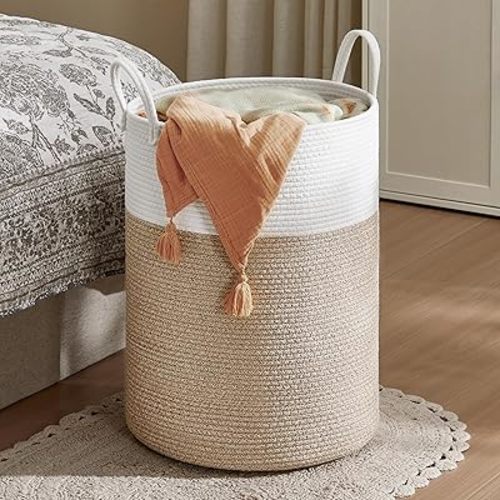 SONGMICS Laundry Hamper, Cotton Rope Laundry Basket with Handles, for Children, Toys, Clothing, Living Room, Bedroom, 21.1 Gallons, 15.7 x 15.7 x 23.6 Inches, White and Grayish Brown URLH062LZ01