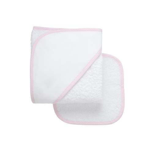 Seersucker Stripe Trim Baby Hooded Towel & Washcloth Set, Pink