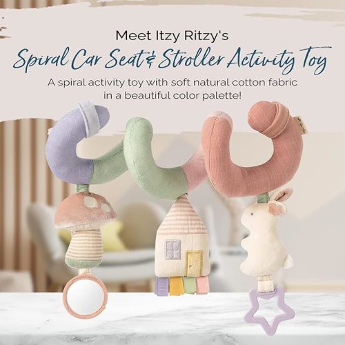 Spiral Car Seat & Stroller Activity Toy - Stroller & Car Seat Toys for Ages 0 Months and Up - Hanging Toys Include Dangling Ring, Mirror and Textured Ribbons (Pastel Rainbow)