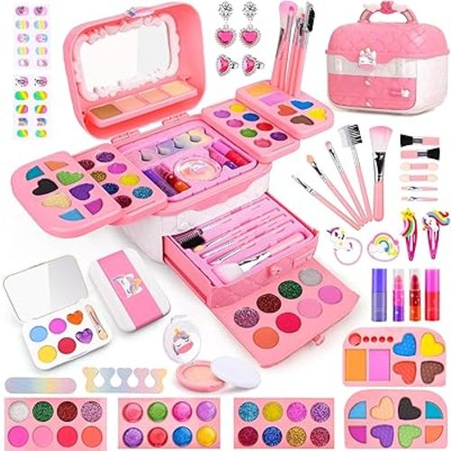 Auney 80 PCS Kids Makeup Kit for 3 4 5 6 7 8 Years Old, Unicorn Girls Toy for Little Girls Birthday, Princess Toys Dress Up Toy for Performance Dance Show Role Play Party