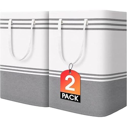 2 Pack Large Home Laundry Basket, Laundry Hamper, Freestanding Waterproof Dirty Clothes Bag, Tall Clothes Hamper - Extended & Reinforced Handles for College Dorm, Family (Light Grey/125L)