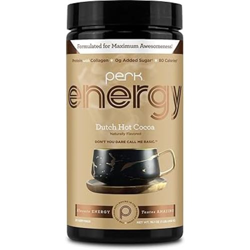 Perk Energy Dutch Hot Cocoa - Caffeinated Protein Hot Chocolate Drink Mix with 9g Protein & 100mg Caffeine - Gluten Free, Soy Free - 20 Servings