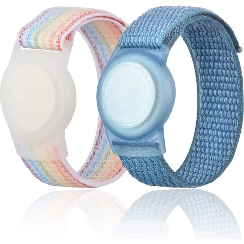 4 Pack Kids Wristband Compatible with Apple AirTag, Protective Case for Air Tag GPS Tracker Holder with Nylon Bracelet, Adjustable Anti Lost Watch Band for Toddler Child Elder (Rainbow & Blue & Pink)