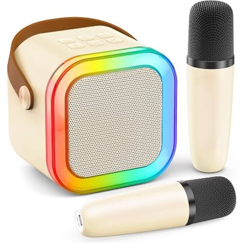 Mini Karaoke Machine for Kids Adults, 2026 TOP Personal Video Players Accessories Birthday Gifts for Girls Boys 3-8+ Toddler Toys, Portable Bluetooth Speaker with 2 Wireless Karaoke Mics Gifts(Beige)