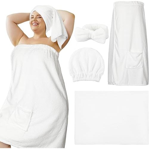 Tigeen Plus Size Towel Wrap for Women Spa Robe Set with Shower Hair Drying Turban Cap Towel Headband Adjustable Bathrobe(White,Xxl-4xl)
