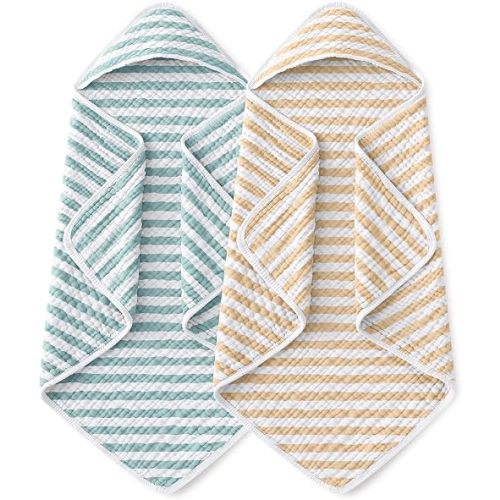 Yoofoss Hooded Baby Towels for Newborn 2 Pack 100% Muslin Organic Cotton Baby Bath Towel with Hood for Babies, Infant, Toddler and Kids, 32x32Inch, Soft and Absorbent, Beige Green Striped