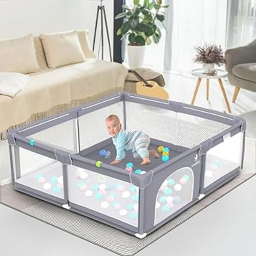 Baby Playpen Mat for Indoor Outdoor Use - Large Play Pen Activity Center for Babies & Toddlers - Durable, Breathable Mesh Foldable Safety Play Yard with Travel Carry Bag - Grey, 50" by 50"