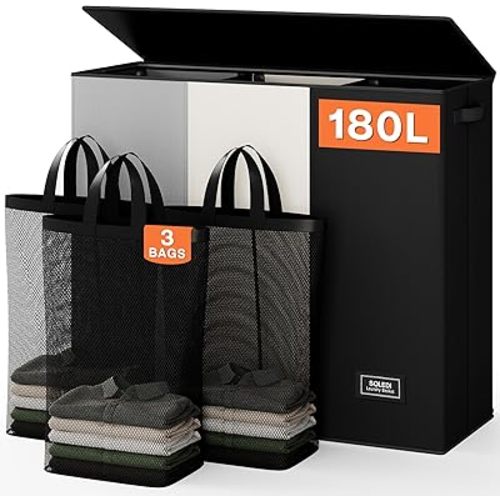SOLEDI Laundry Hamper 3 section with lid and 3 Pcs Bag, Large Hamper 3 compartment 180L, Laundry Basket Laundry sorter Clothes hamper for Laundryroom Bedroom Blanket Storage Organizer