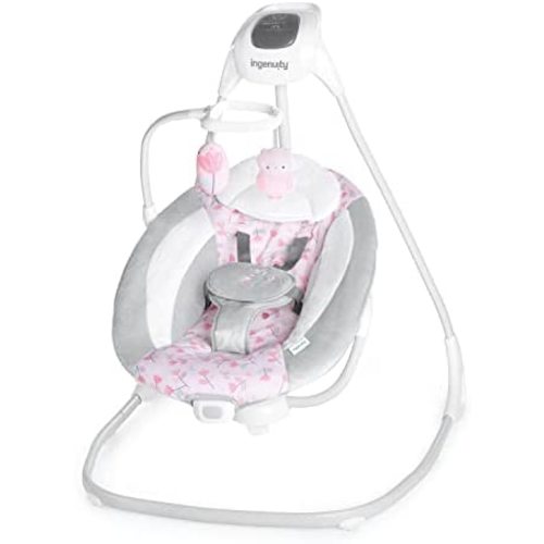 Ingenuity SimpleComfort Lightweight Multi-Direction Compact Baby Swing - 6 Speeds, Nature Sounds & Vibrations - Cassidy (Pink) 1 Count (Pack of 1)