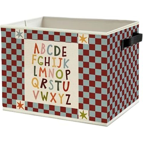 Alphabet Classroom Storage Bins Box with Handles, Red Blue Checkered Alphabet Educational Collapsible Basket Organizer for Classroom Toddler Kids Room Bedroom Bathroom Books Clothes