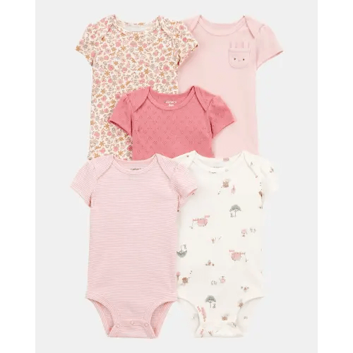 SIZE: 9 MONTHS Baby Girl 5-Pack Floral Bunny Short-Sleeve Cotton Bodysuits - Pink | Carter's