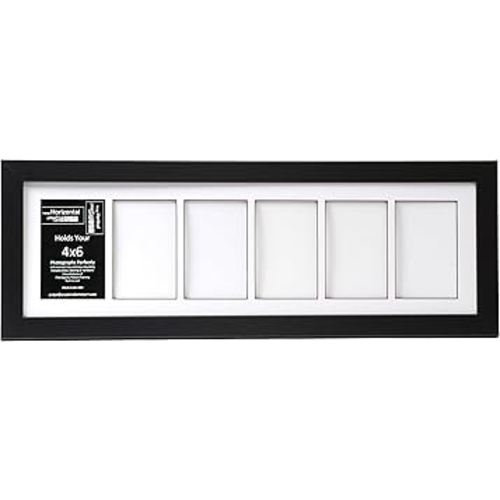 4” x 6” Multiple Opening Picture Frame Collage with 6 holes, Manhattan Black Frame with 8 x 26-inch White Mat, Full-Strength Glass, Photo Collage for Wall, 6 Openings