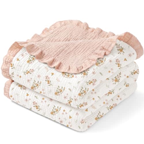 Muslin Baby Blanket for Girls with Ruffled Edges, 41"x41" (Pink) | 100% Cotton, Super Soft, Breathable, Reversible, Receiving Swaddle Blanket, Nursery Bedding for Newborn Toddler Gift
