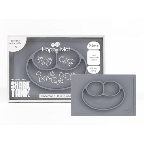 ezpz Happy Mat (Gray) - 24 Months+ - 100% Silicone Suction Placemat + Divided Plate with Three Compartments - Toddler + Preschool Essentials
