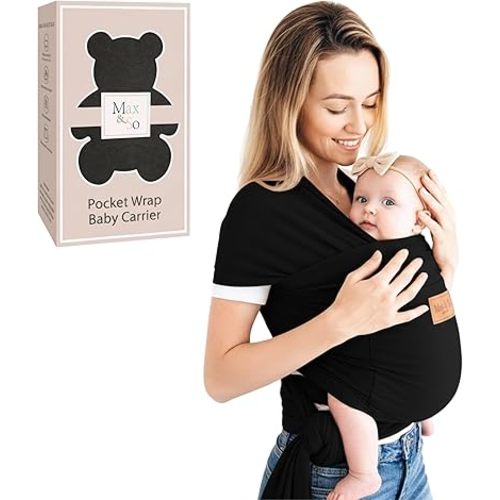 Baby Wrap Carrier - Premium Cotton Baby Carrier Wrap for Newborn to Toddler- Infant Carrier- Baby Holder One Size Fits All with Front Pocket (Black) by Max&so