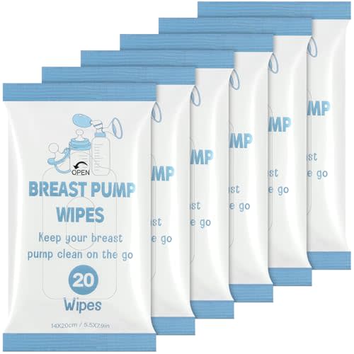 Threlaco 6 Pack 120 Count Breast Pump Wipes Clean and Resealable Convenient Breast Pump Cleaning Wipes Breastfeeding Supplies (Blue)