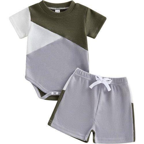 Amiblvowa Newborn 0 3 6 9 12 Months Baby Boy Summer Clothes Letter Print Romper Short Sets Waffle Knit 2 Piece Infant Outfits