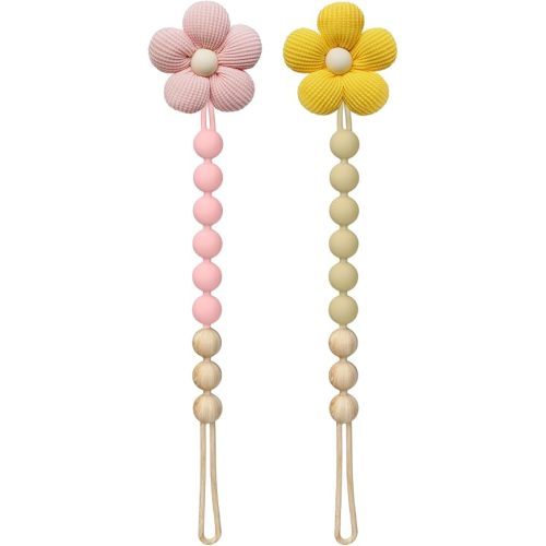 2Pcs Flower Pacifier Clip, 100% Food-Grade Silicone Pacifier Clip with Soft Fabric Daisy, Secure One-Piece Design, Easy to Clean, Baby Shower Gift for Girls Boys