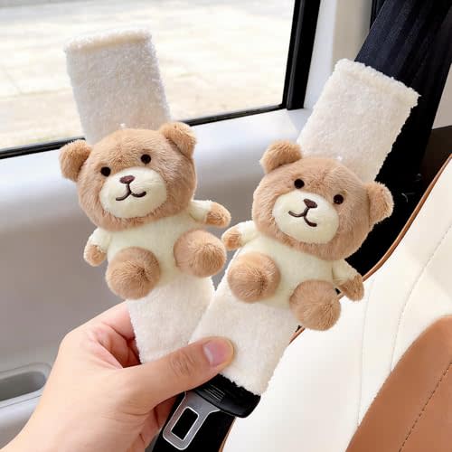 2 PCS Seat Belt Cover Pad, Cute Kawaii Animal Bear Seatbelt Covers for Kids and Adults, Winter Plush Fluffy Soft Seat Belt Cover, Cartoon Seatbelt Cushion,Car Seat Strap Pads (D-Bear)