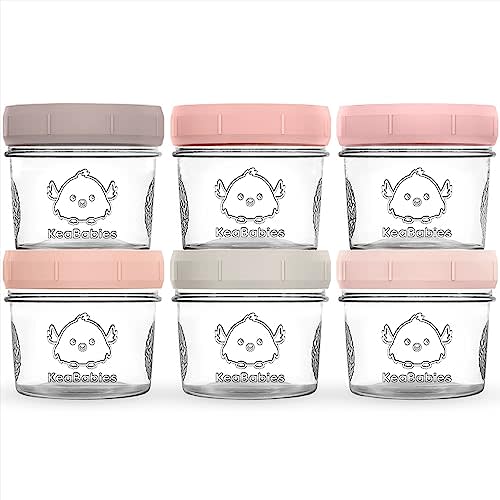 KeaBabies 6pk 4oz Glass Baby Food Containers with Lids - Leak-Proof, Microwavable Small Glass Jars, Baby Purees & Toddler Snack Storage Containers, BPA-Free, Dishwasher & Freezer Safe (Roseate)