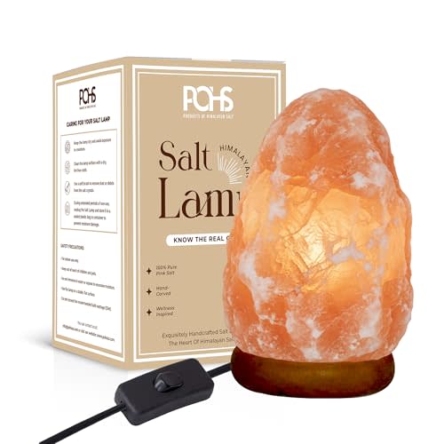 POHS 7 Inches,4-5 lbs, 100% Authentic Natural Himalayan Pink Salt Lamp, Hand Crafted Wooden Base, with on & Off Switch