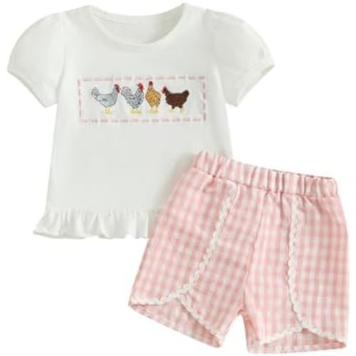 Toddler Baby Girl Clothes Summer Short Sleeves Crewneck Embroidery T Shirt + Elastic Plaid Shorts 2Pcs Outfits Set