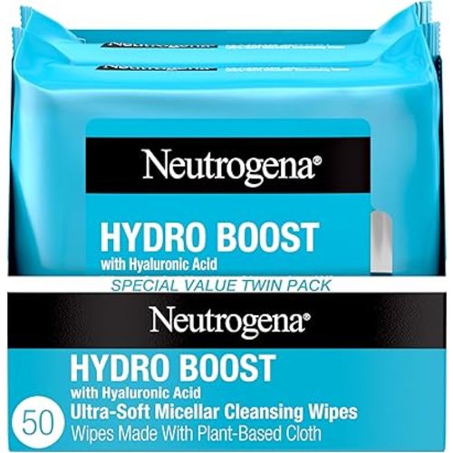 Neutrogena Hydro Boost Ultra-Soft Micellar Cleansing Wipes with Hyaluronic Acid, Hydrating Makeup Remover Wipes Remove Dirt & Waterproof Makeup, Hypoallergenic, Plant-Based Cloth, 2 x 25 ct