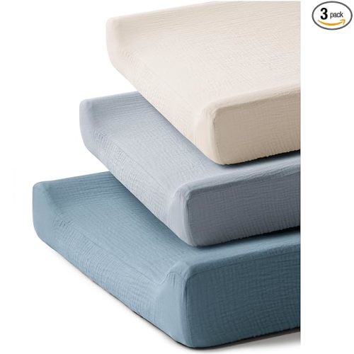 3 Pack Muslin Changing Pad Covers for Girl Boy, 100% Soft Cotton Changing Table Cover, Breathable Baby Nursery Diaper Chang Pad Sheets (Blue)