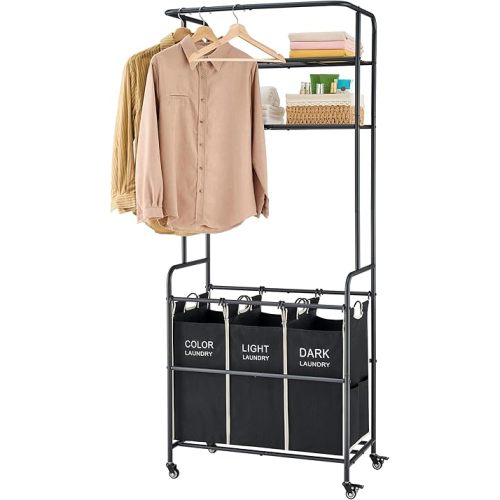 Laundry Sorter Cart with Hanging Rack, 3 Section Laundry Hamper Basket Butler Cart with 2 Tier Shelf, Rolling Lockable Wheels