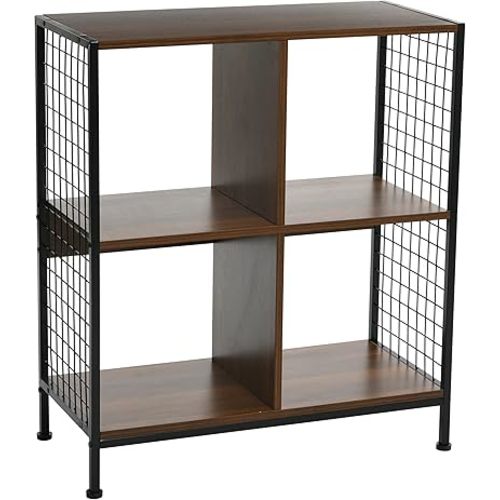 Household Essentials Trellis Open Storage Bookshelf with 4 Cube Compartments Mid Century Walnut Wood Grain and Black Metal