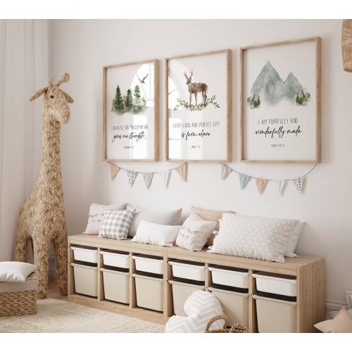 Baby Bible Verse Wall Art, Watercolor Forest Nursery Print Set