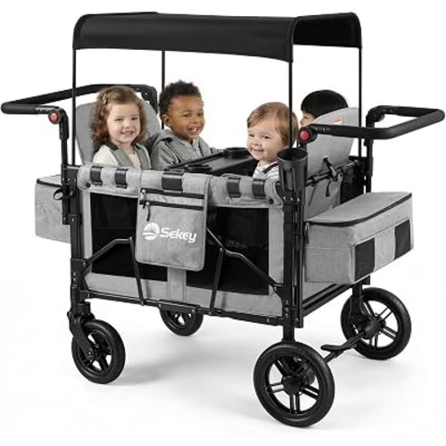 Sekey 4 Seater Stroller Wagon for Kids - Premium Quality with Convertible Seats, Adjustable Push Handles, Removable Canopy, Snack Tray & Cooler, US Certified.